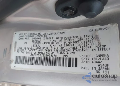 2002 Toyota Land Cruiser from USA, damaged, VIN JTEHT05J222023178